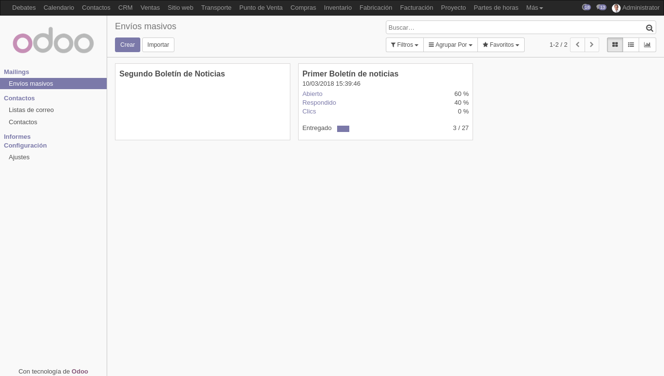 Newsletters. Estadísticas en tiempo real. Odoo 11.0 (OpenErp)