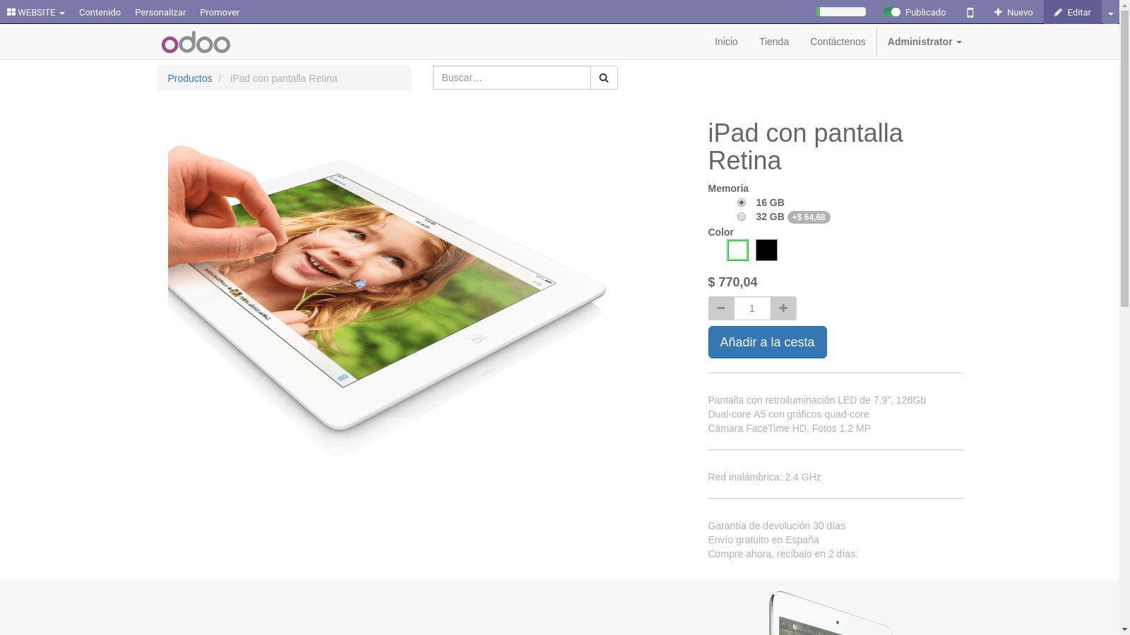 Interfaz Tienda Online de Odoo 11.0 (OpenERP) Experiencia móvil y compra sencilla