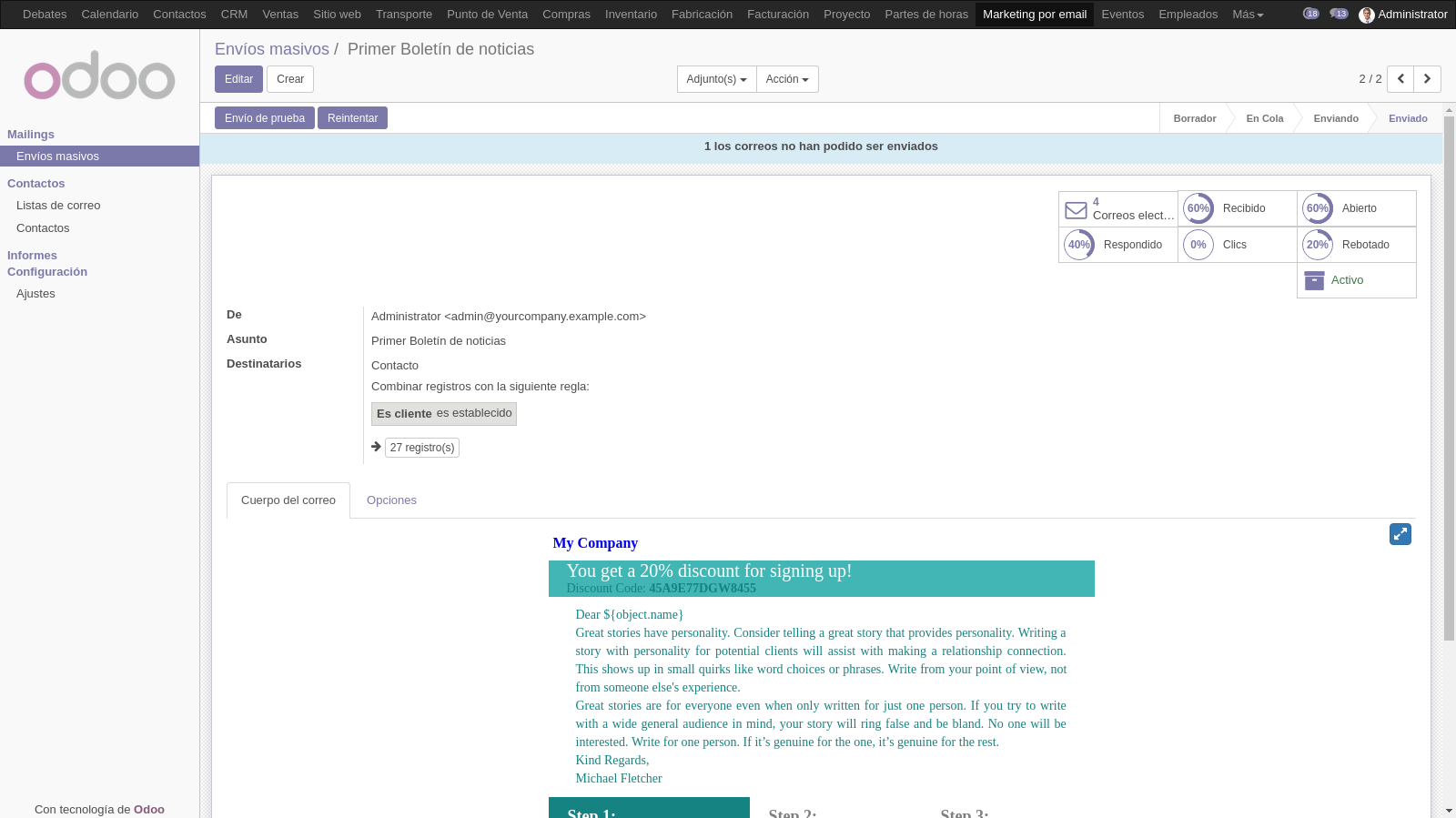 Plantillas para enviar newsletters en Odoo 11.0 (OpenErp) Diseño profesional