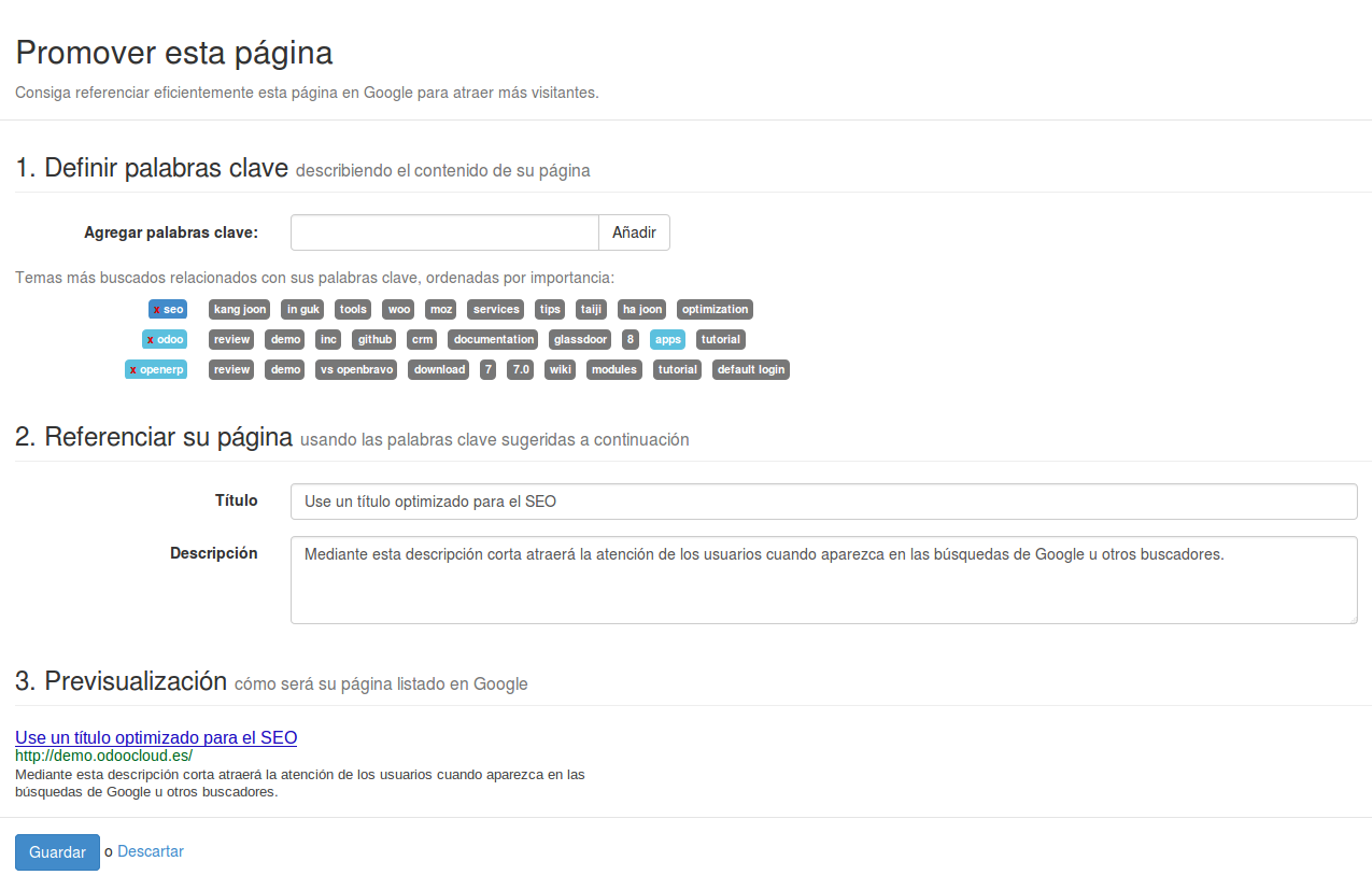 Herramienta SEO del CMS de Odoo 11 (OpenErp)