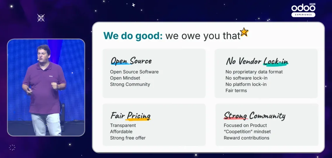 Fabien Pinckaers en el keynote de Odoo Experience 2026 con la slide We do good: Open Source, No Vendor Lock-in, Fair Pricing, Strong Community