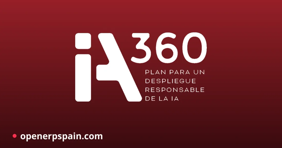 Logotipo oficial del Plan IA360 (iA360) sobre el rojo del plan, con openerpspain.com abajo a la izquierda
